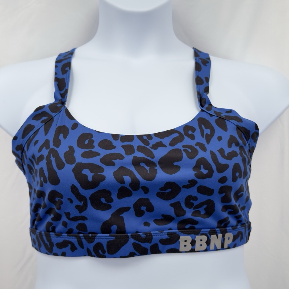 Barbells and Pizza BBNP Sports Bra XL Blue Black Leopard Print Crossback Keyhole